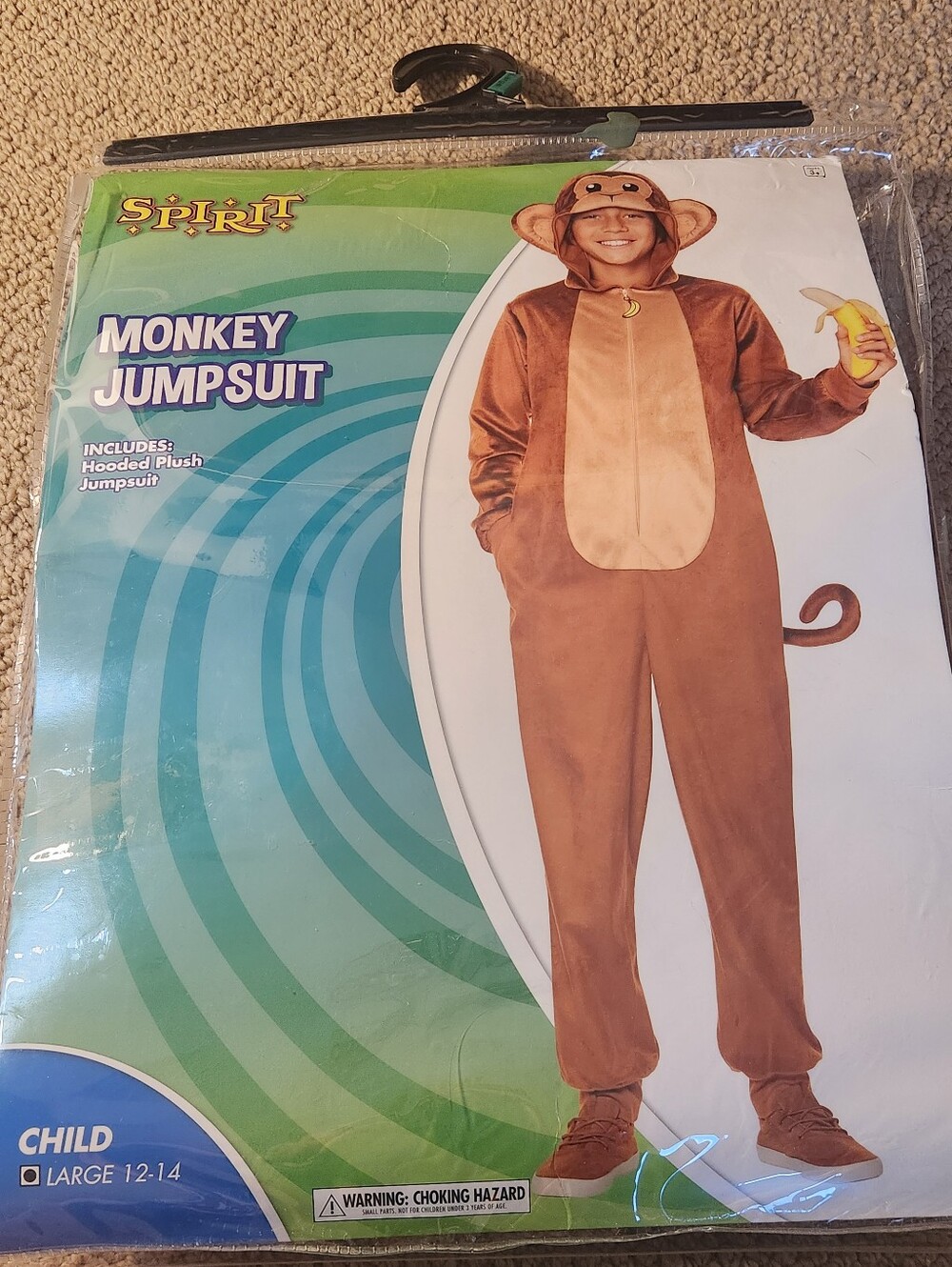 Spirit Halloween Brown and Tan Monkey Jumpsuit Kids Costume SIze Large 12-14